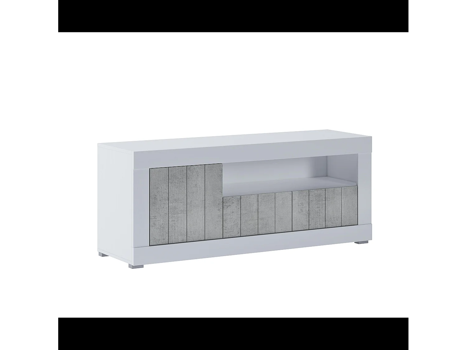 Mobile TV Basso In Melaminico Con Anta Laterale E A Ribalta Vano A Giorno Ripiani Mensole Interne Design Senza Maniglie 136.9 x 41.8 x 56 Cm Bianco e Grigio Cemento