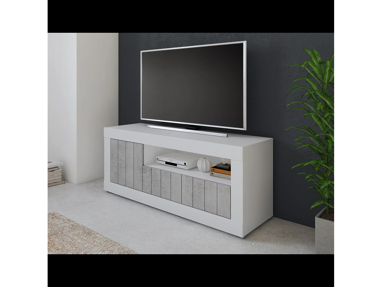 Mobile TV Basso In Melaminico Con Anta Laterale E A Ribalta Vano A Giorno Ripiani Mensole Interne Design Senza Maniglie 136.9 x 41.8 x 56 Cm Bianco e Grigio Cemento