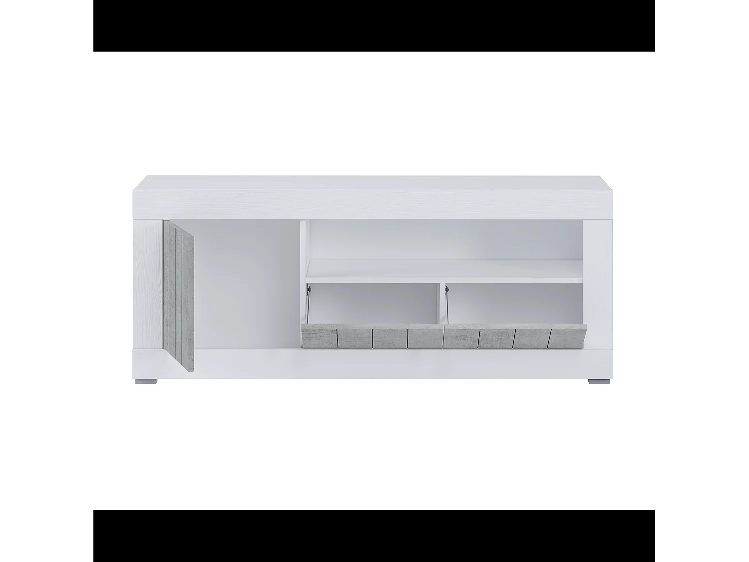 Mobile TV Basso In Melaminico Con Anta Laterale E A Ribalta Vano A Giorno Ripiani Mensole Interne Design Senza Maniglie 136.9 x 41.8 x 56 Cm Bianco e Grigio Cemento