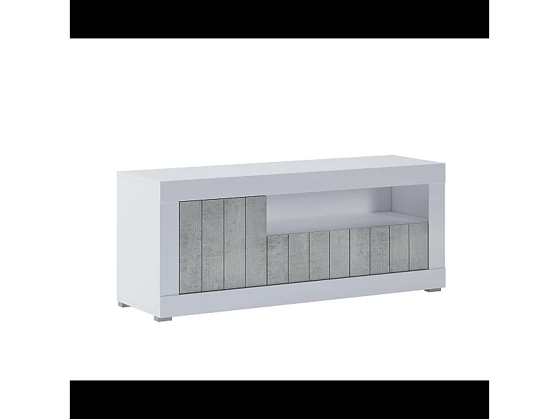 Mobile TV Basso In Melaminico Con Anta Laterale E A Ribalta Vano A Giorno Ripiani Mensole Interne Design Senza Maniglie 136.9 x 41.8 x 56 Cm Bianco e Grigio Cemento