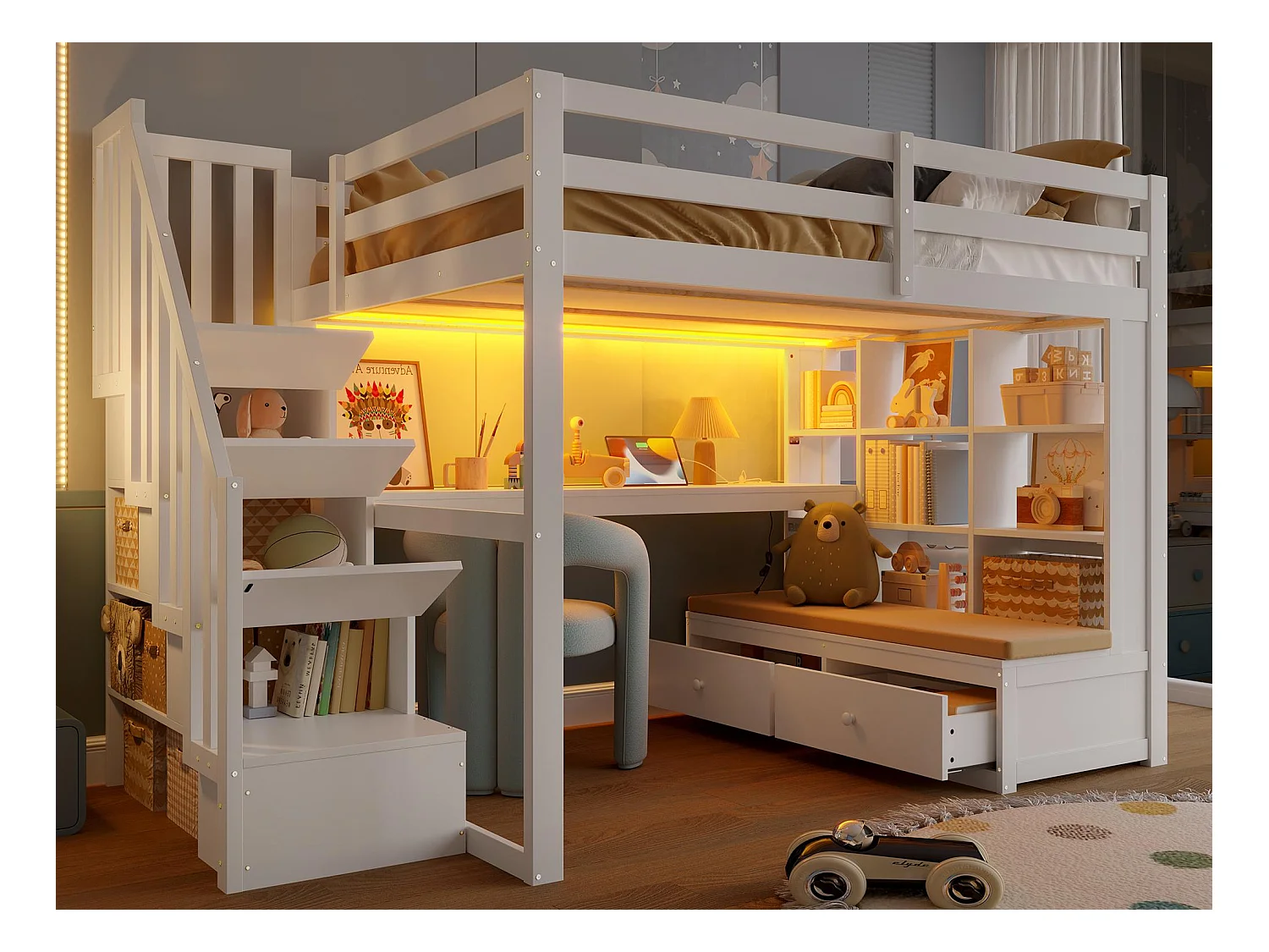 Hochbett für Kinder 140x200 cm - mit Schreibtisch und Regal - 2 Schubladen - Aufbewahrungstreppen - weiß (ohne Matratze)