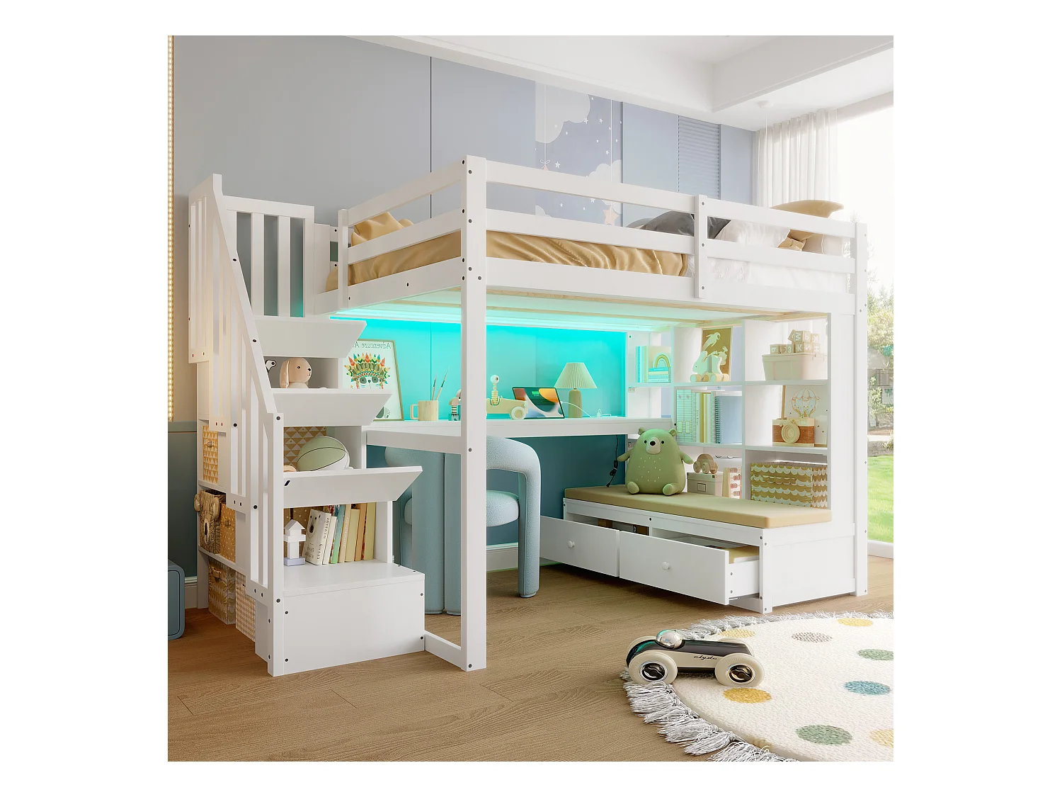 Hochbett für Kinder 140x200 cm - mit Schreibtisch und Regal - 2 Schubladen - Aufbewahrungstreppen - weiß (ohne Matratze)