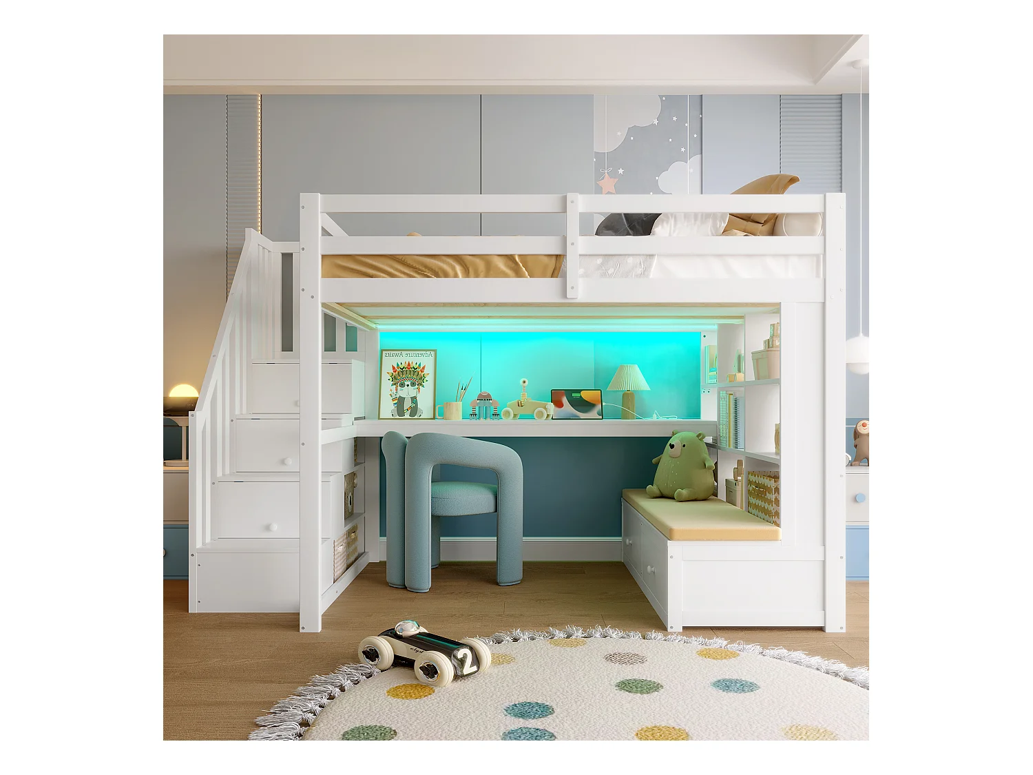 Hochbett für Kinder 140x200 cm - mit Schreibtisch und Regal - 2 Schubladen - Aufbewahrungstreppen - weiß (ohne Matratze)