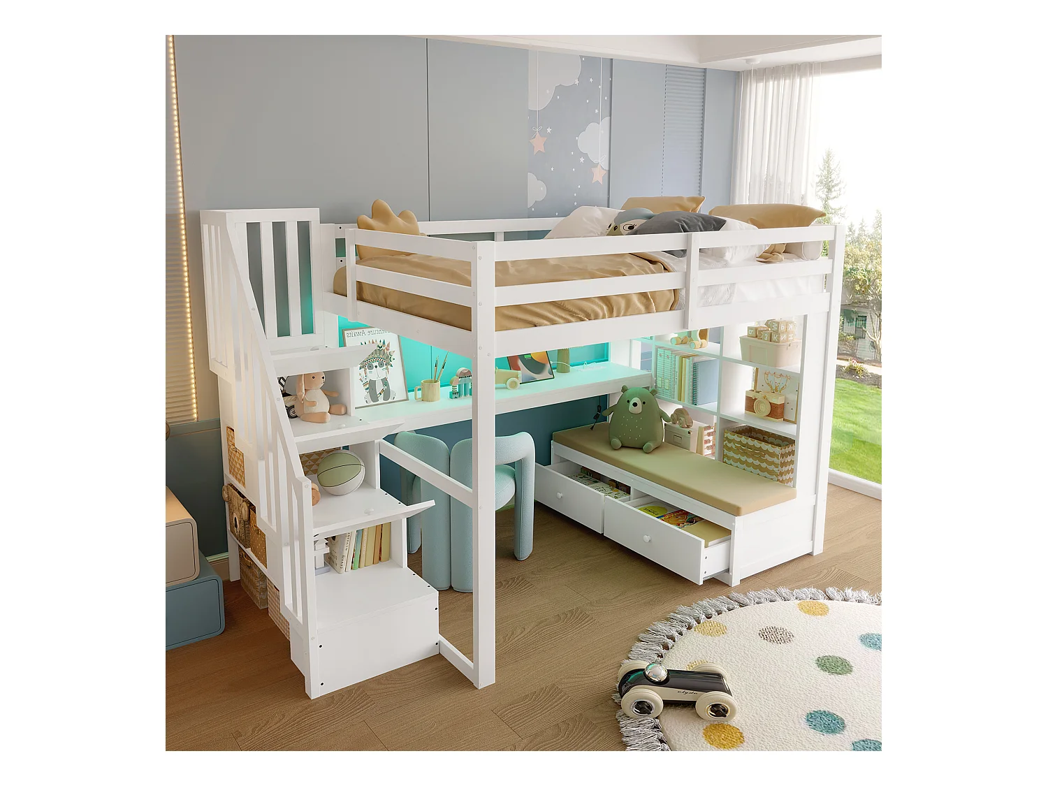 Hochbett für Kinder 140x200 cm - mit Schreibtisch und Regal - 2 Schubladen - Aufbewahrungstreppen - weiß (ohne Matratze)