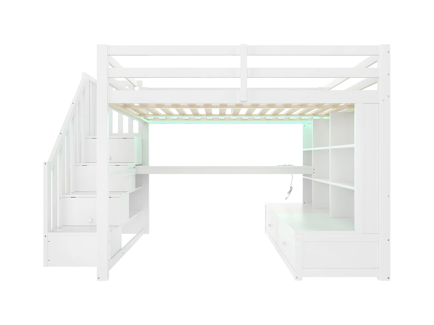 Hochbett für Kinder 140x200 cm - mit Schreibtisch und Regal - 2 Schubladen - Aufbewahrungstreppen - weiß (ohne Matratze)