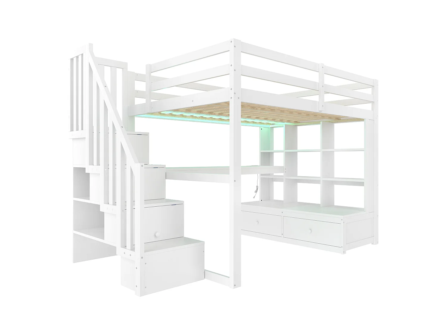 Hochbett für Kinder 140x200 cm - mit Schreibtisch und Regal - 2 Schubladen - Aufbewahrungstreppen - weiß (ohne Matratze)