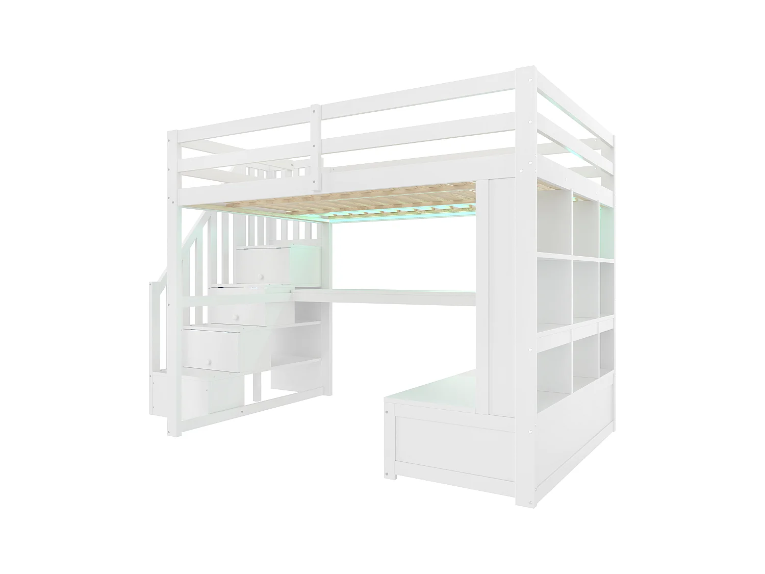 Hochbett für Kinder 140x200 cm - mit Schreibtisch und Regal - 2 Schubladen - Aufbewahrungstreppen - weiß (ohne Matratze)