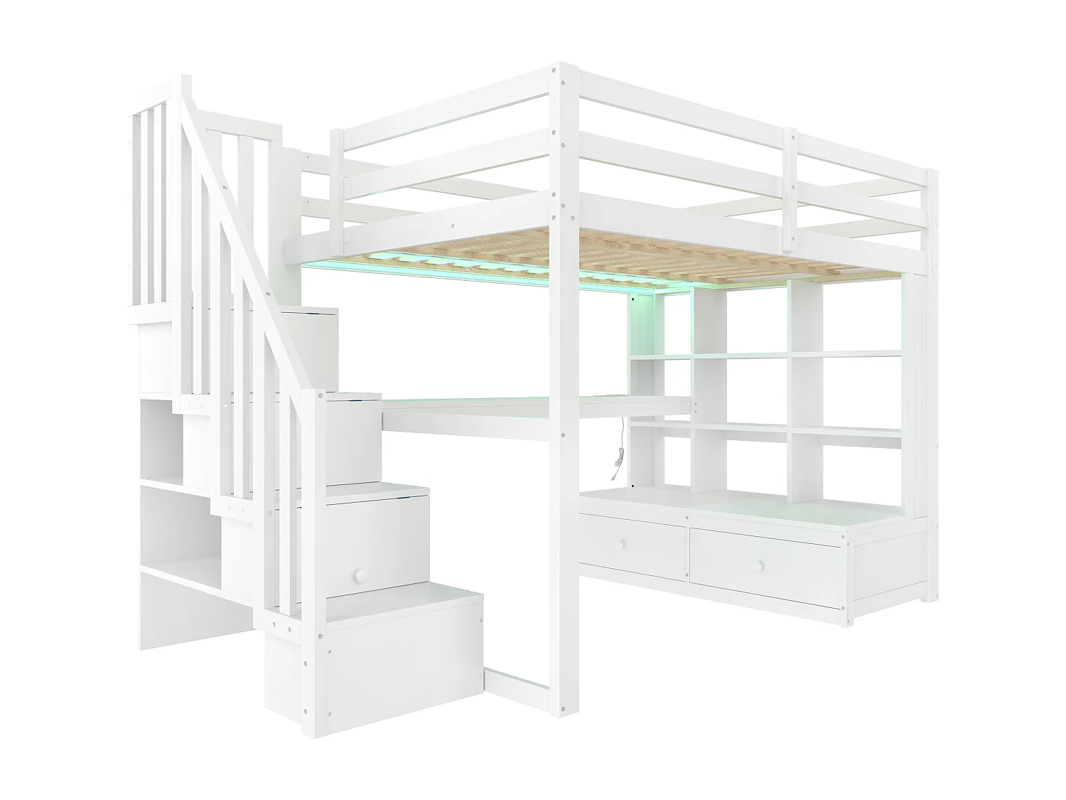 Lit mezzanine enfant 140x200cm - avec bureau et étagère - 2 tiroirs - escalier de rangement - blanc (sans matelas)