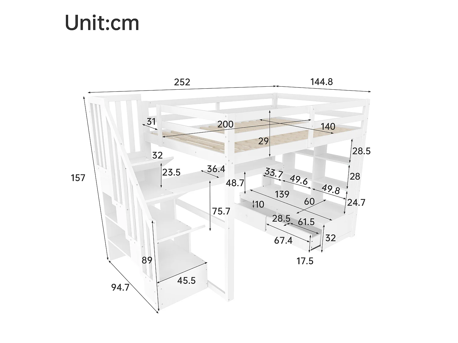 Lit mezzanine enfant 140x200cm - avec bureau et étagère - 2 tiroirs - escalier de rangement - blanc (sans matelas)