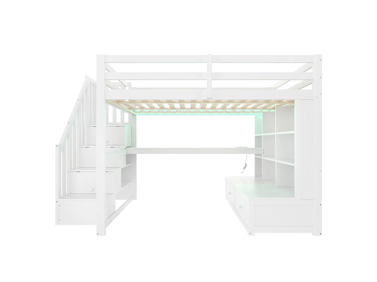 Lit mezzanine enfant 140x200cm - avec bureau et étagère - 2 tiroirs - escalier de rangement - blanc (sans matelas)