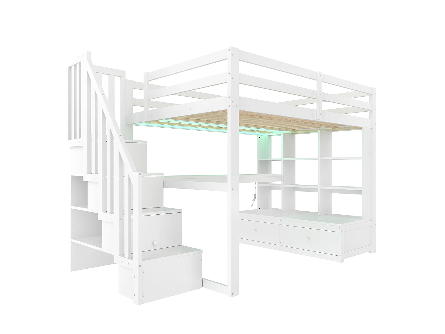 Lit mezzanine enfant 140x200cm - avec bureau et étagère - 2 tiroirs - escalier de rangement - blanc (sans matelas)