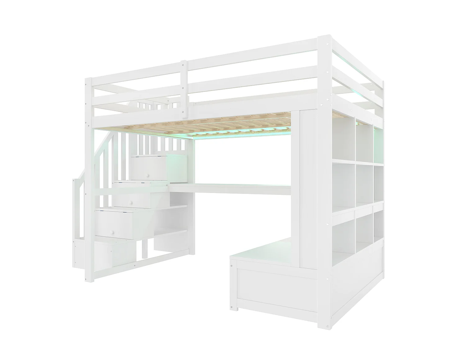 Lit mezzanine enfant 140x200cm - avec bureau et étagère - 2 tiroirs - escalier de rangement - blanc (sans matelas)