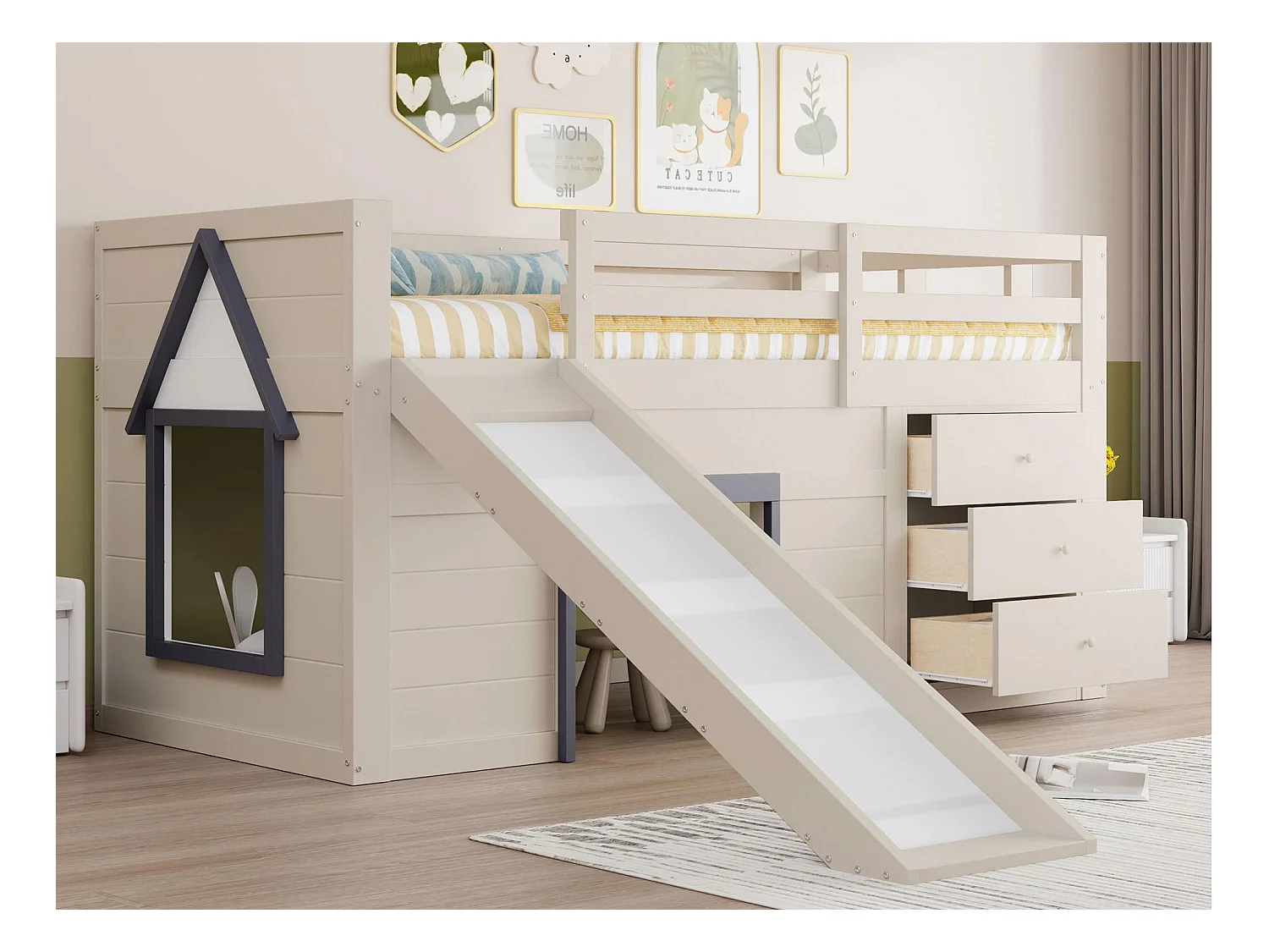 Mezzaninebed voor kinderen 90x200 cm - met glijbaan - 3 lades - crème (zonder matras)