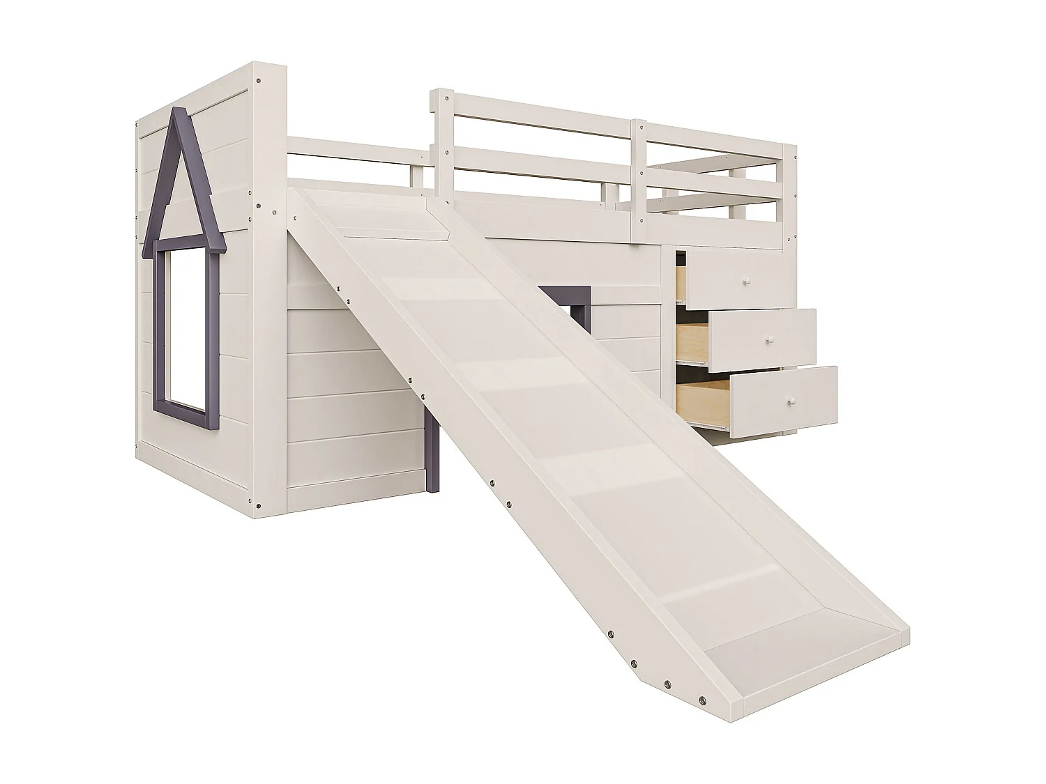 Cama mezzanine infantil 90x200 cm - com escorrega - 3 gavetas - creme (sem colchão)