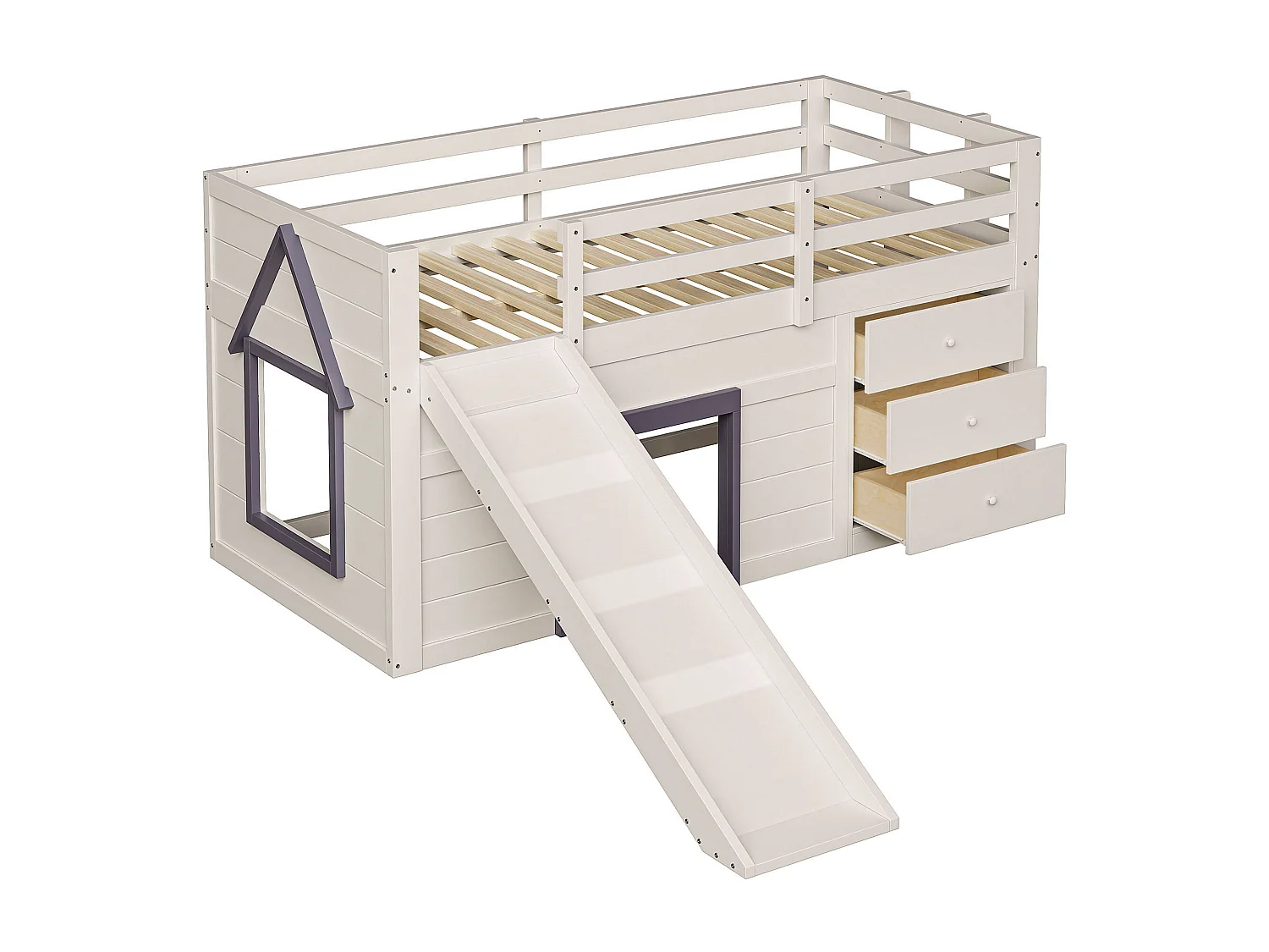 Cama mezzanine infantil 90x200 cm - com escorrega - 3 gavetas - creme (sem colchão)
