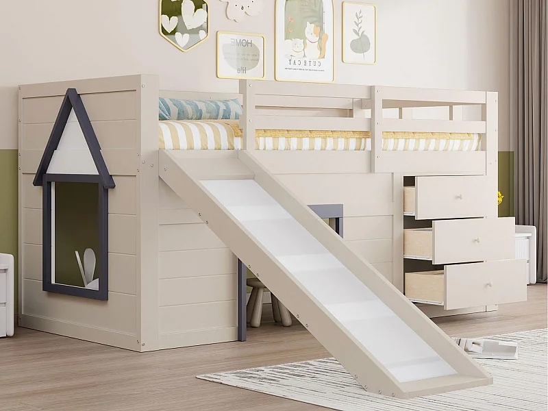 Cama mezzanine infantil 90x200 cm - com escorrega - 3 gavetas - creme (sem colchão)