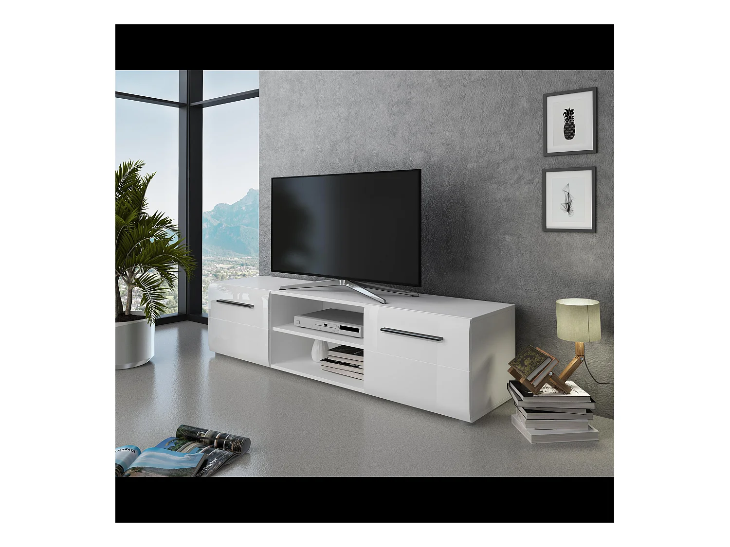 Mobile Porta TV Con Maniglie Nere Con 2 Ante E 2 Ripiani Aperti Design Moderno per Soggiorno Adatto A TV fino a 65 Pollici 160 x 40 x 39,6 Cm Bianco Lucido