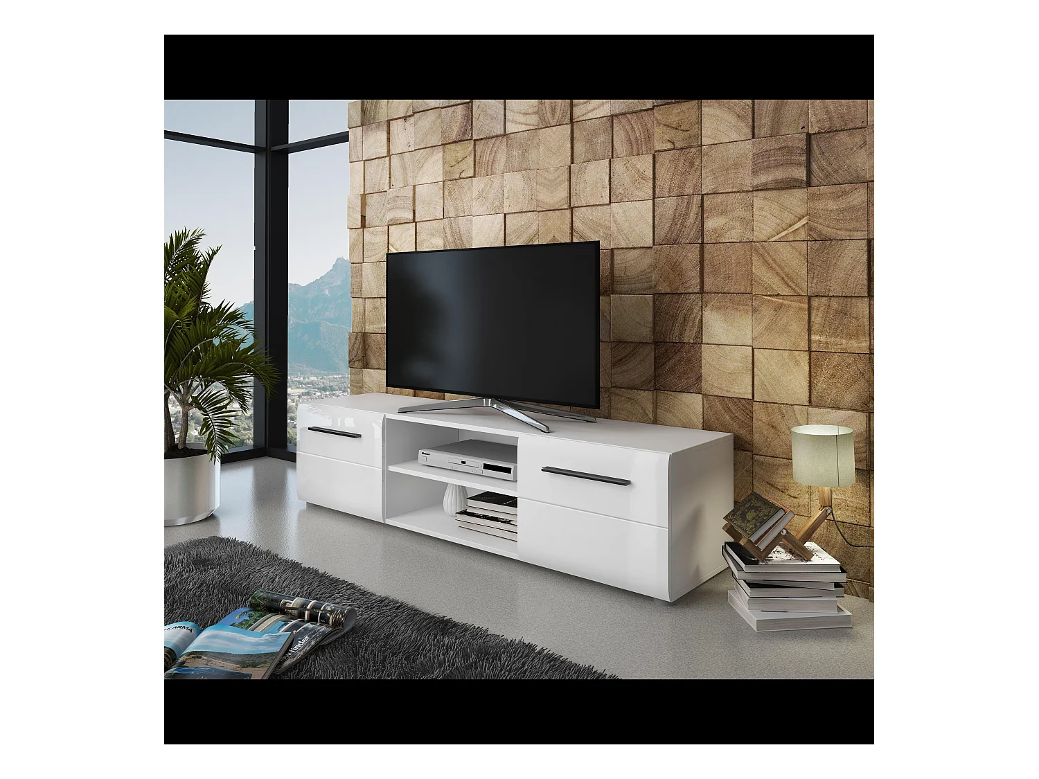 Mobile Porta TV Con Maniglie Nere Con 2 Ante E 2 Ripiani Aperti Design Moderno per Soggiorno Adatto A TV fino a 65 Pollici 160 x 40 x 39,6 Cm Bianco Lucido