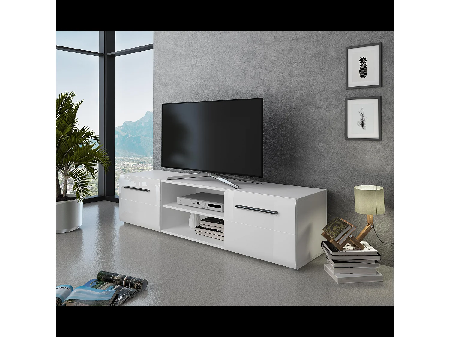 Mobile Porta TV Con Maniglie Nere Con 2 Ante E 2 Ripiani Aperti Design Moderno per Soggiorno Adatto A TV fino a 65 Pollici 160 x 40 x 39,6 Cm Bianco Lucido
