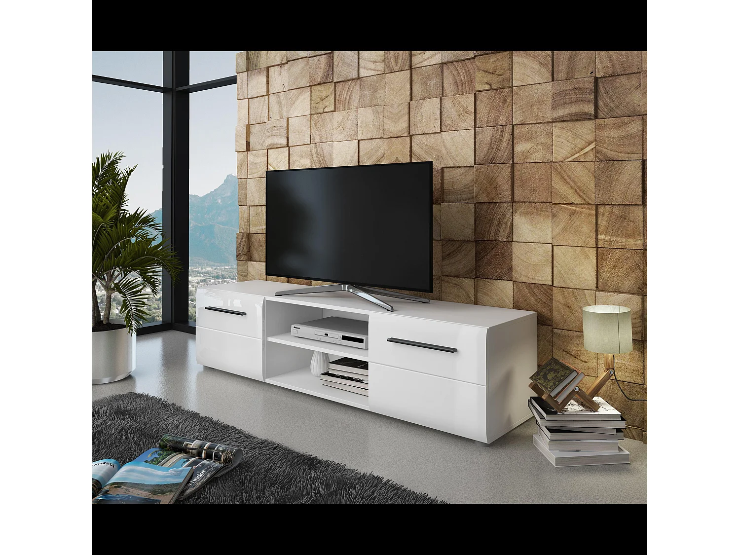 Mobile Porta TV Con Maniglie Nere Con 2 Ante E 2 Ripiani Aperti Design Moderno per Soggiorno Adatto A TV fino a 65 Pollici 160 x 40 x 39,6 Cm Bianco Lucido
