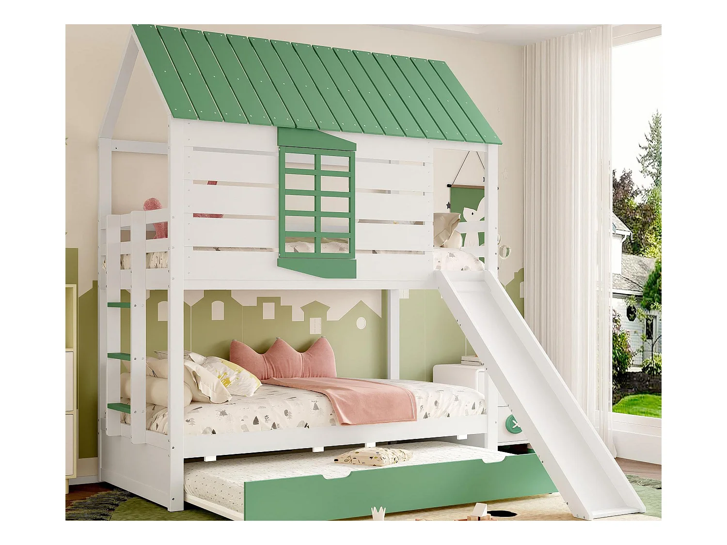 Lit superposé enfant 90x200cm - avec toboggan et lit gigogne - blanc + vert（sans matelas）