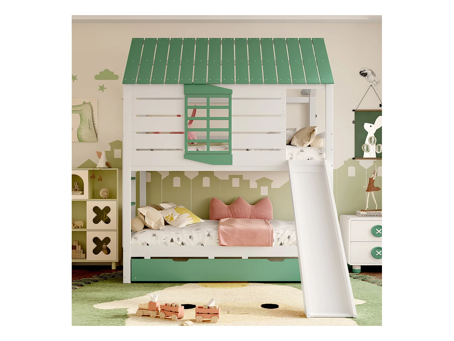 Lit superposé enfant 90x200cm - avec toboggan et lit gigogne - blanc + vert(sans matelas)