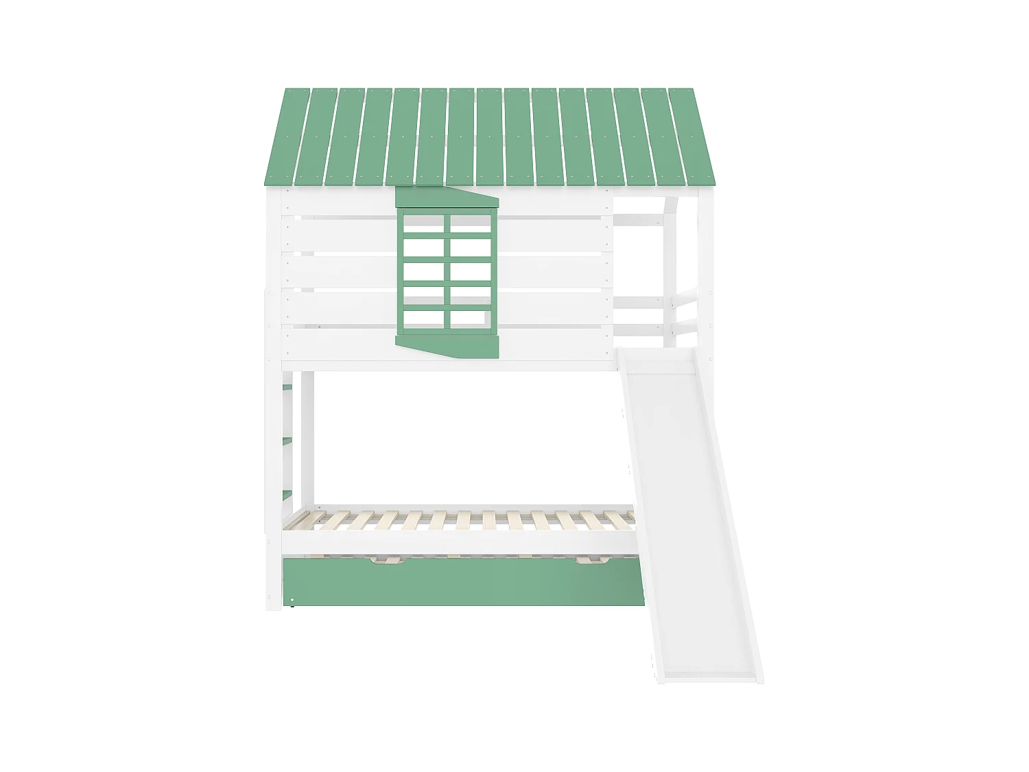 Lit superposé enfant 90x200cm - avec toboggan et lit gigogne - blanc + vert(sans matelas)