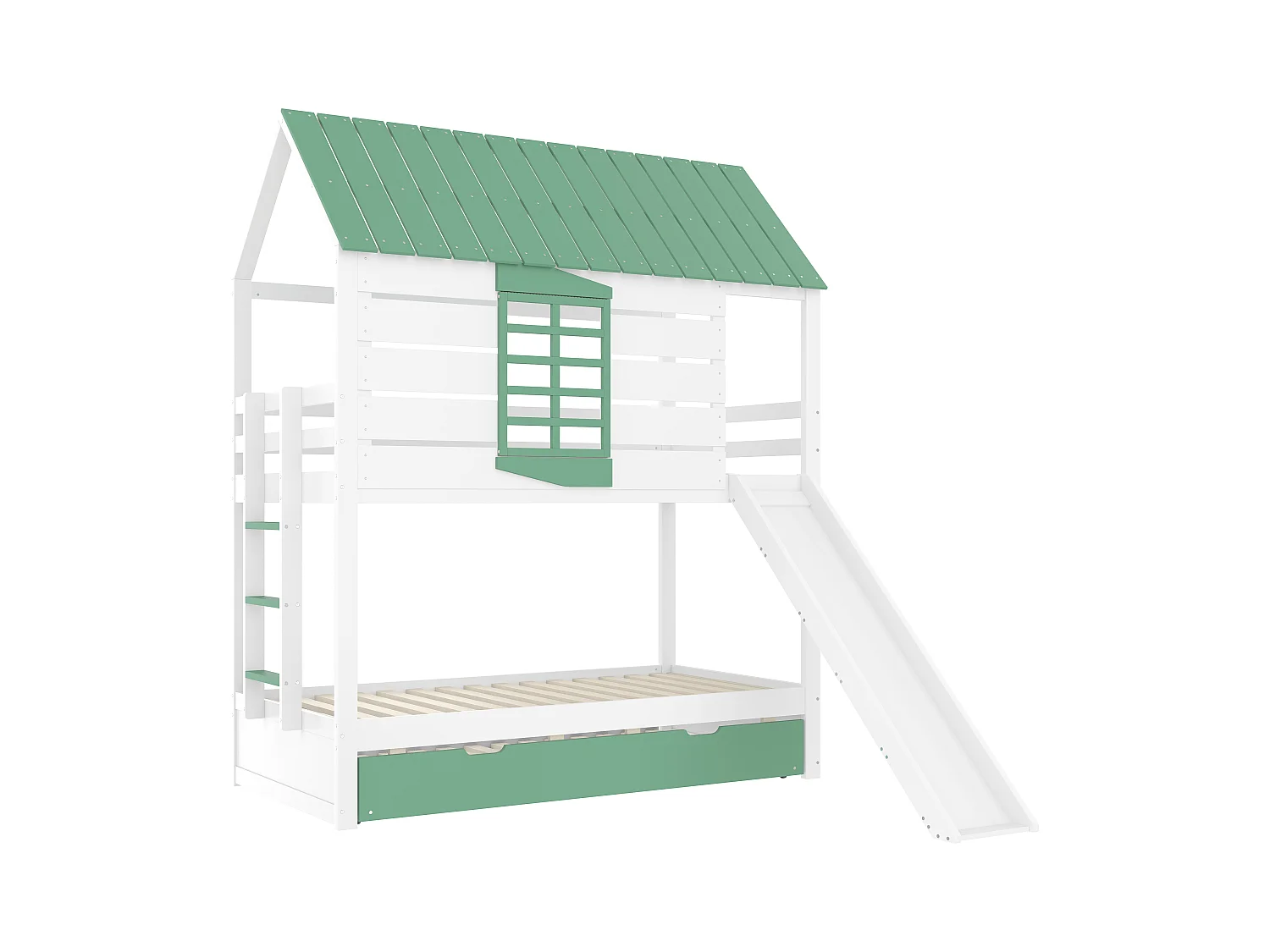 Lit superposé enfant 90x200cm - avec toboggan et lit gigogne - blanc + vert(sans matelas)