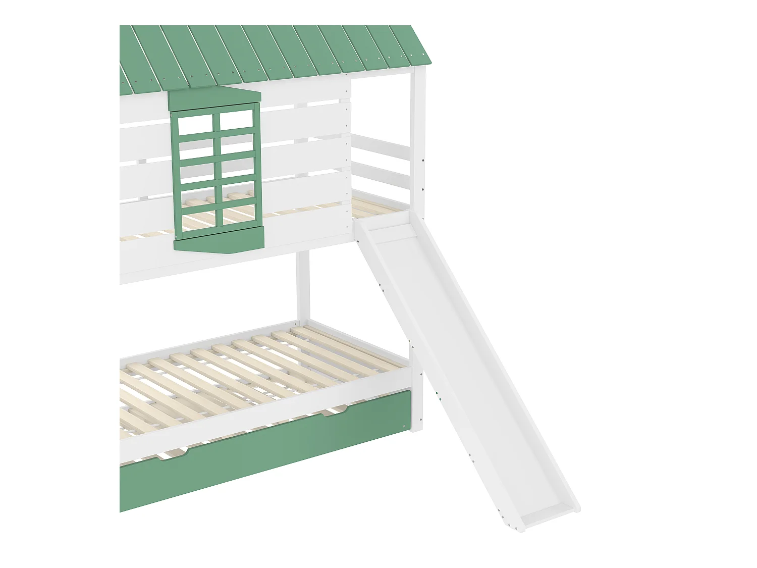 Lit superposé enfant 90x200cm - avec toboggan et lit gigogne - blanc + vert(sans matelas)