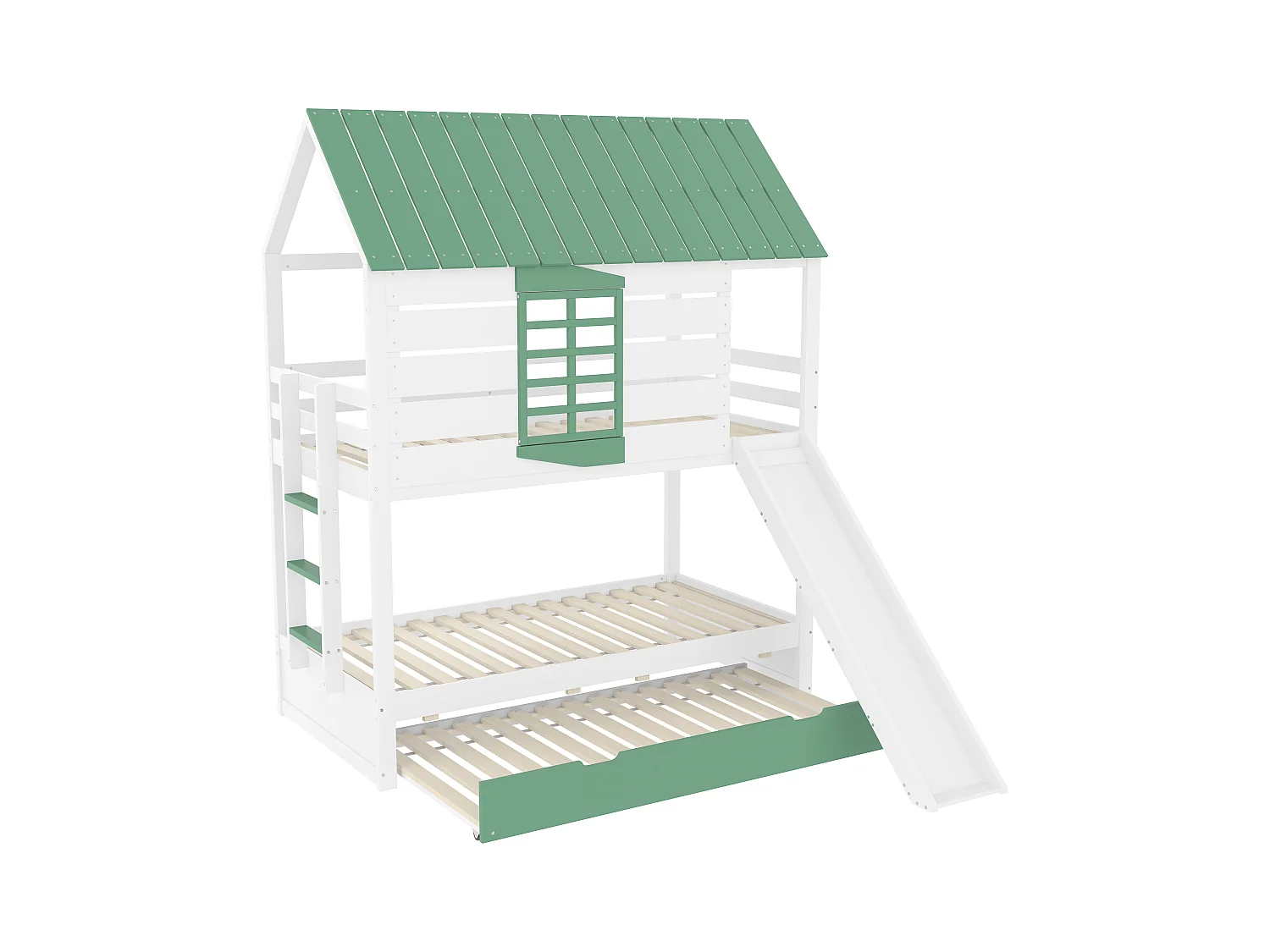 Lit superposé enfant 90x200cm - avec toboggan et lit gigogne - blanc + vert(sans matelas)