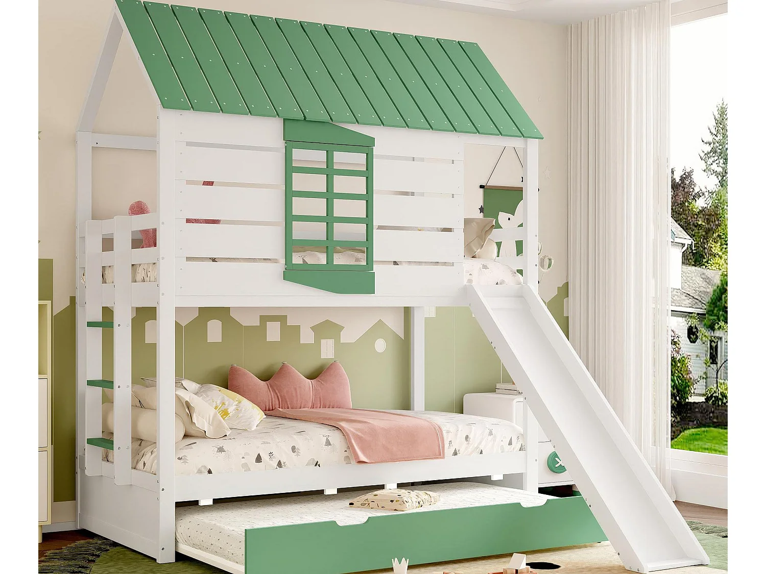 Lit superposé enfant 90x200cm - avec toboggan et lit gigogne - blanc + vert（sans matelas）