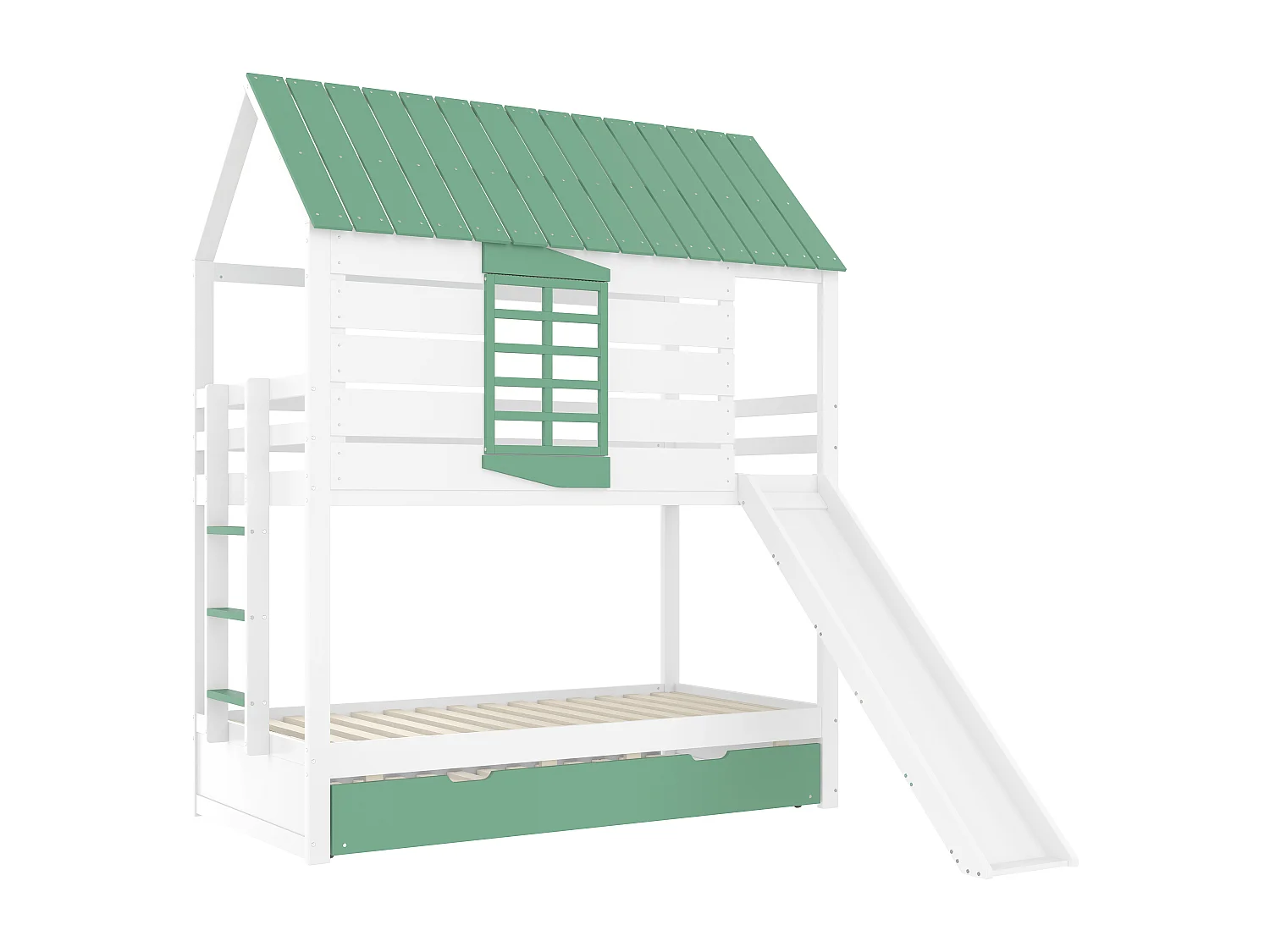 Lit superposé enfant 90x200cm - avec toboggan et lit gigogne - blanc + vert（sans matelas）