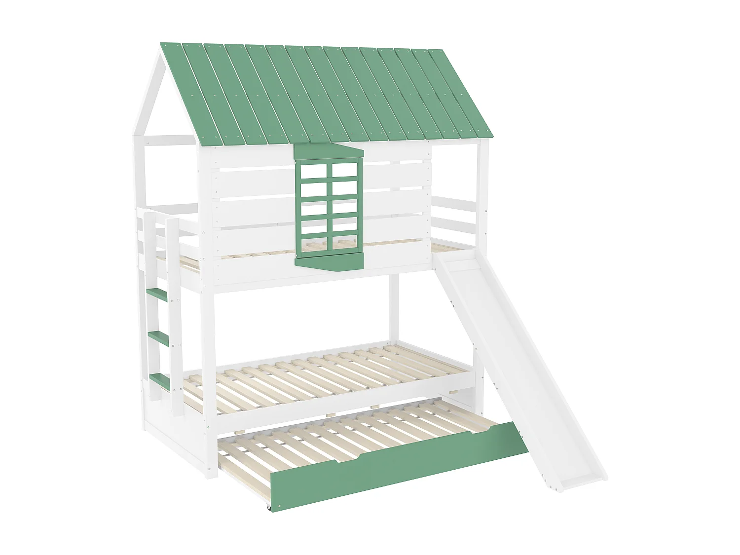 Lit superposé enfant 90x200cm - avec toboggan et lit gigogne - blanc + vert（sans matelas）