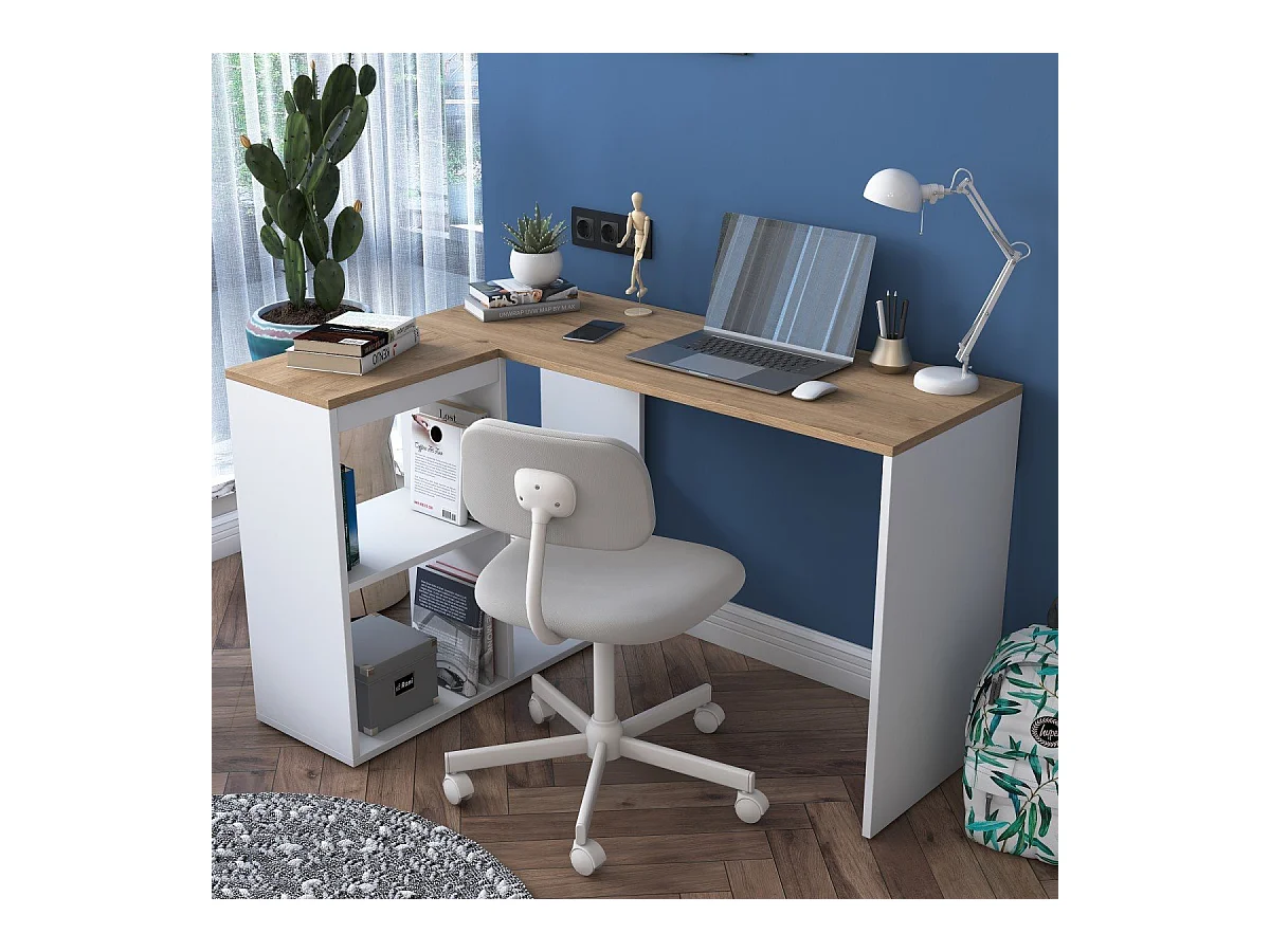 Bureau d'angle décor chêne et blanc L120 cm - CASSIE