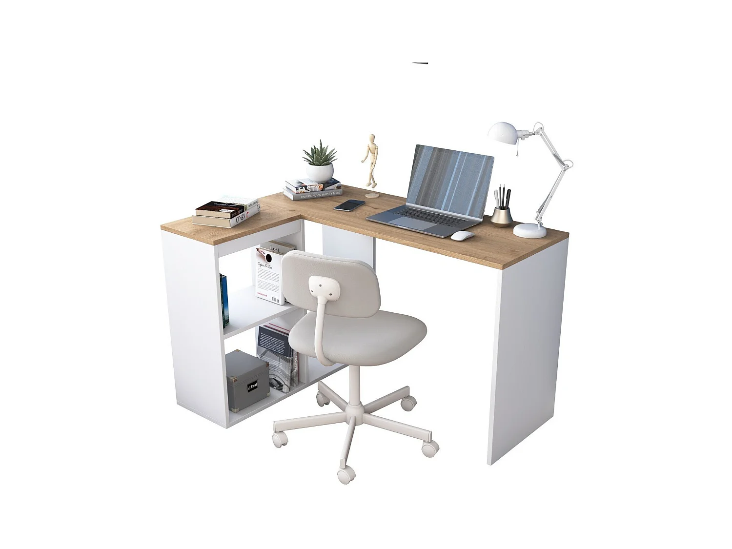Bureau d'angle décor chêne et blanc L120 cm - CASSIE