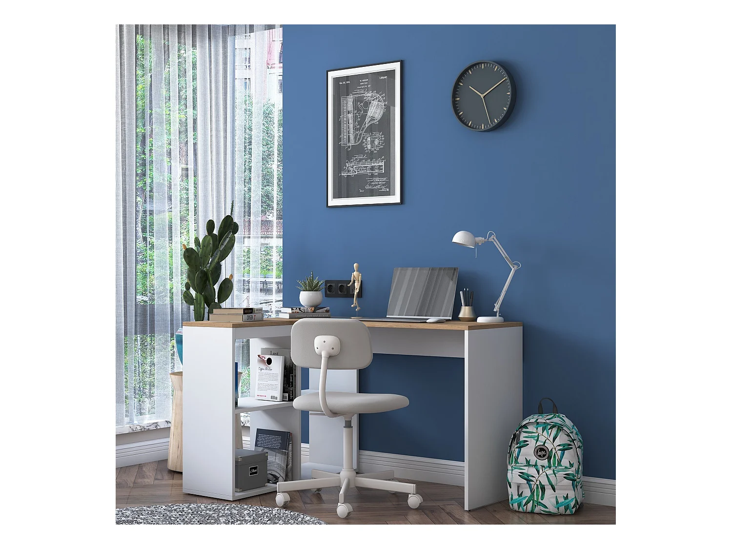 Bureau d'angle décor chêne et blanc L120 cm - CASSIE