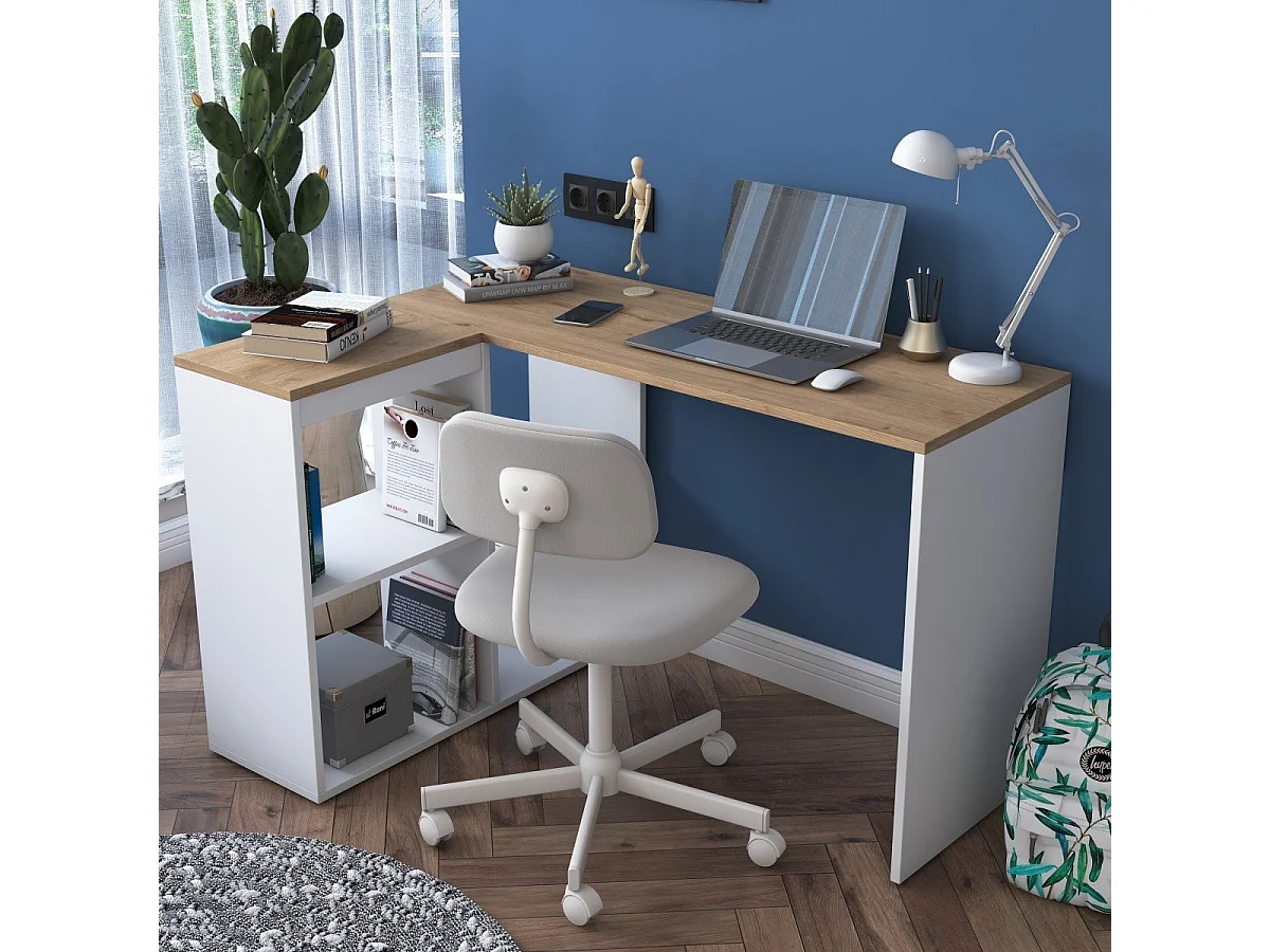 Bureau d'angle décor chêne et blanc L120 cm - CASSIE