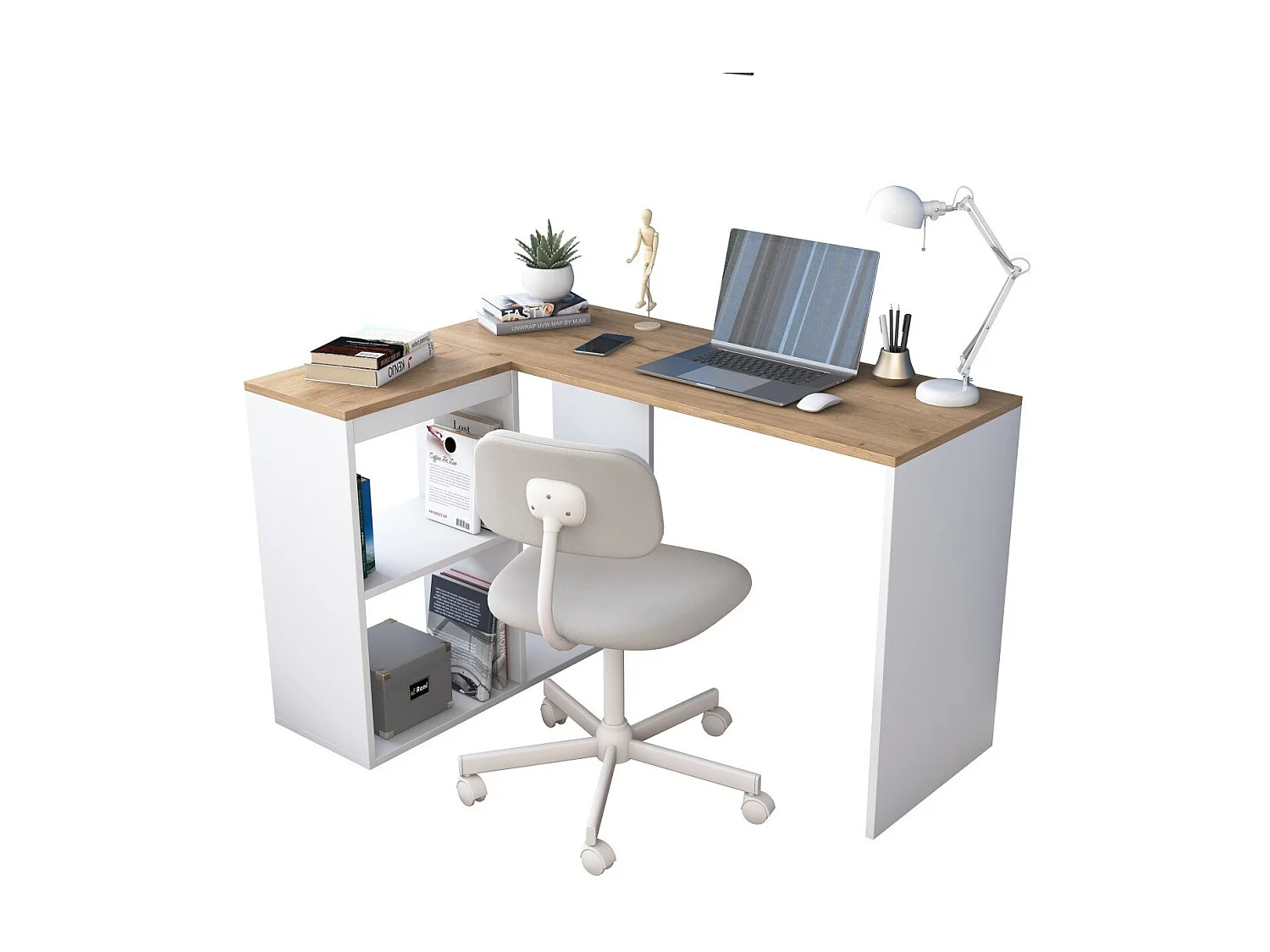 Bureau d'angle décor chêne et blanc L120 cm - CASSIE
