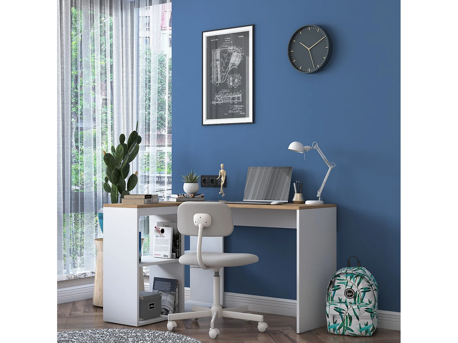 Bureau d'angle décor chêne et blanc L120 cm - CASSIE