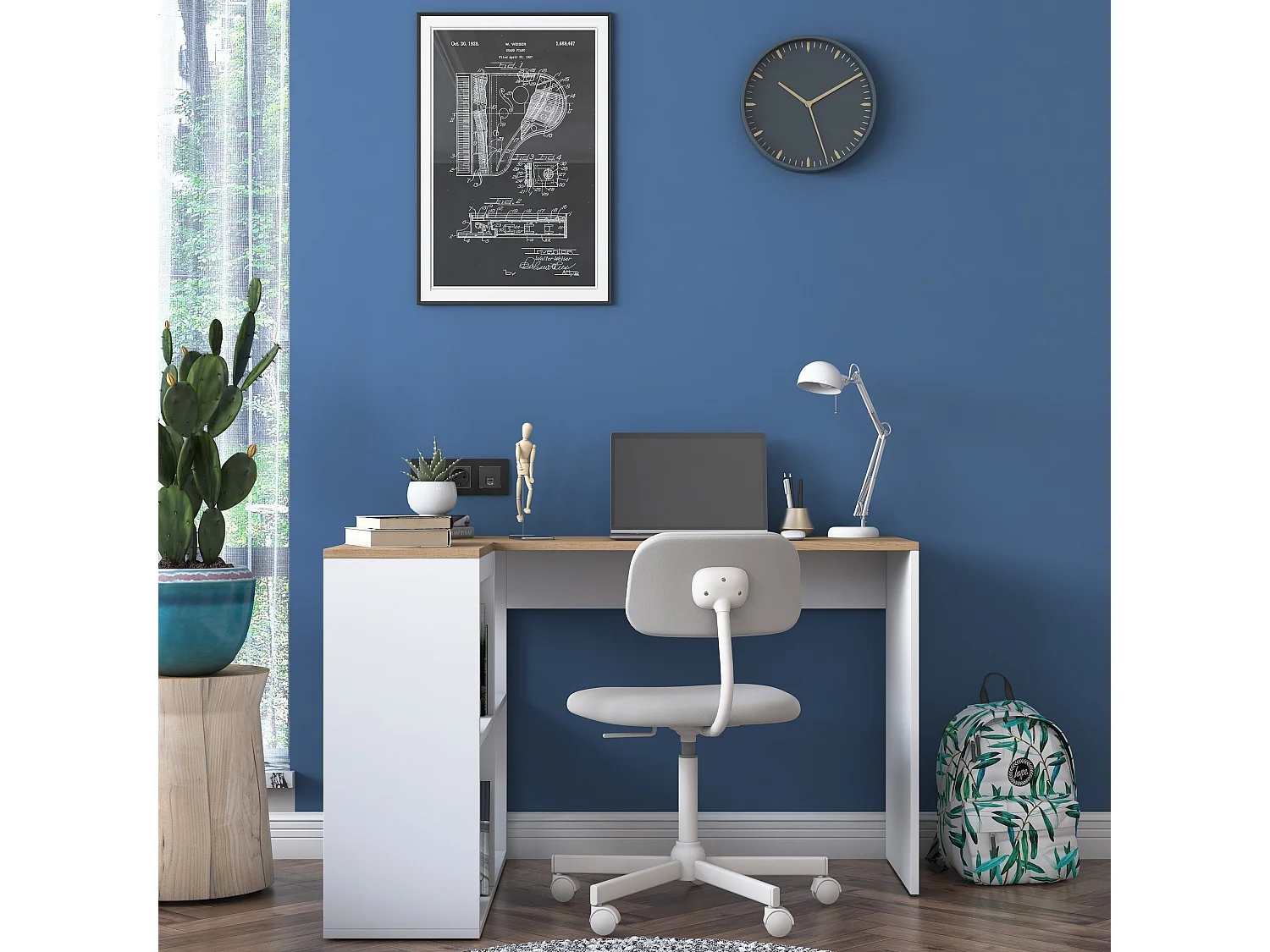 Bureau d'angle décor chêne et blanc L120 cm - CASSIE