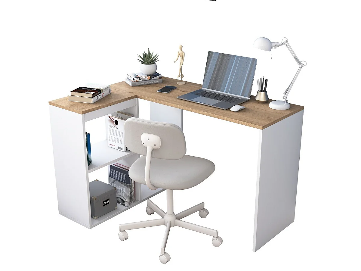 Bureau d'angle décor chêne et blanc L120 cm - CASSIE