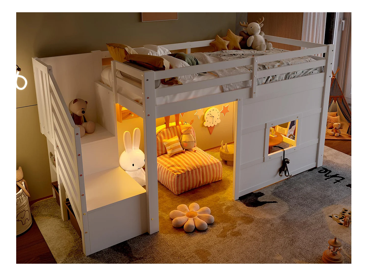 Lit mezzanine enfant 90x200 cm - avec escalier de rangement et fenêtre - blanc (sans matelas)