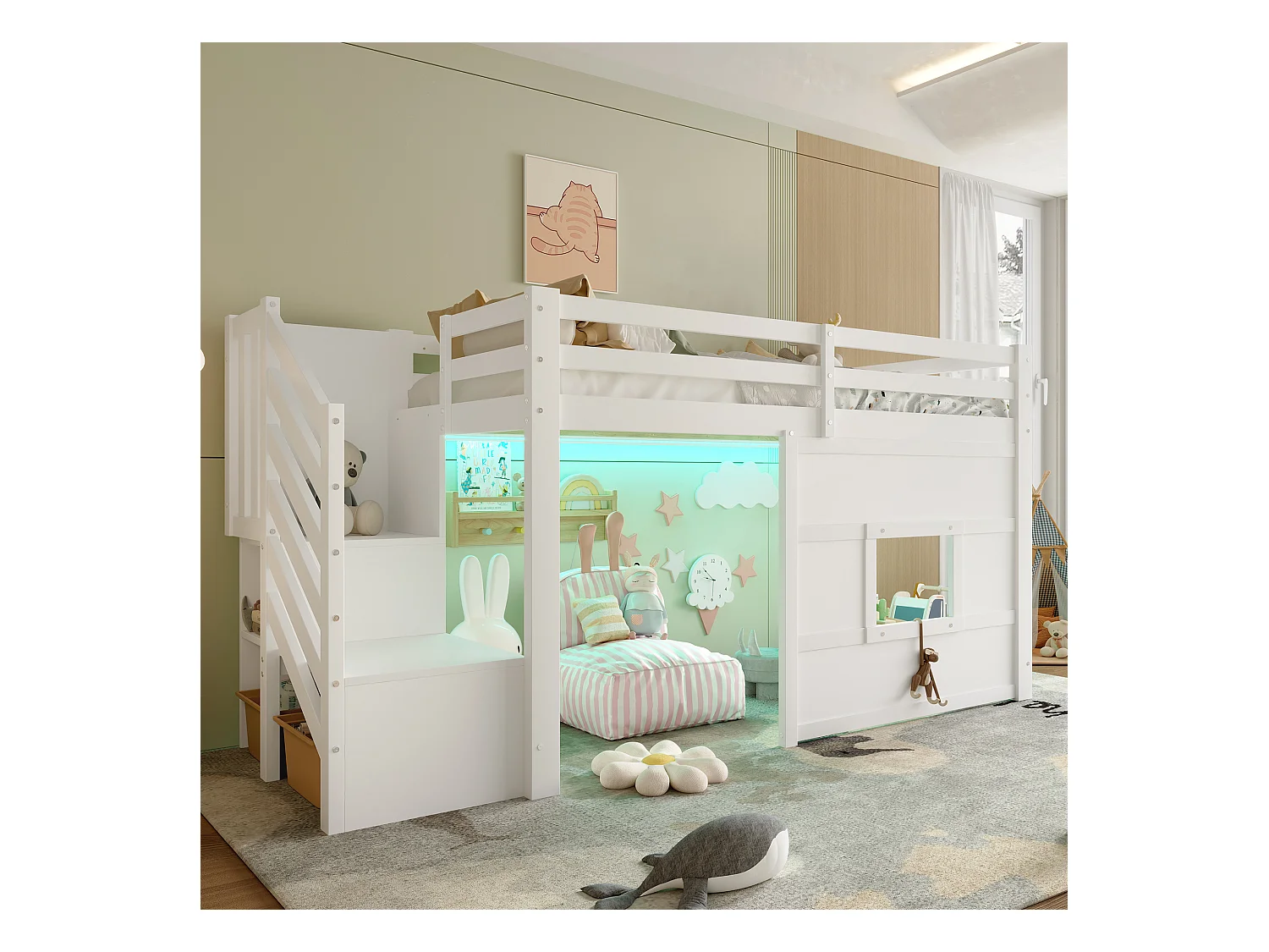 Lit mezzanine enfant 90x200 cm - avec escalier de rangement et fenêtre - blanc (sans matelas)