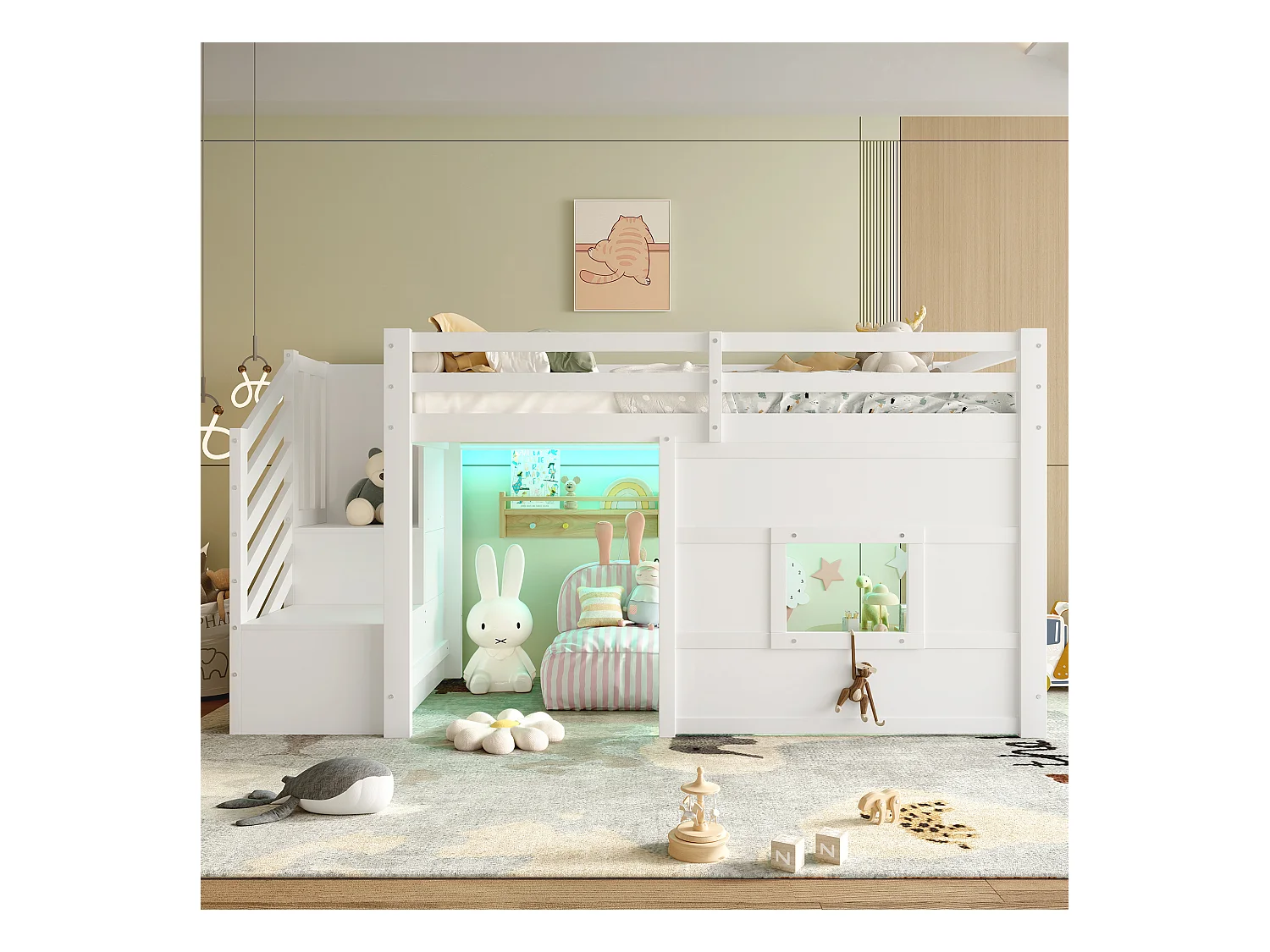 Lit mezzanine enfant 90x200 cm - avec escalier de rangement et fenêtre - blanc (sans matelas)