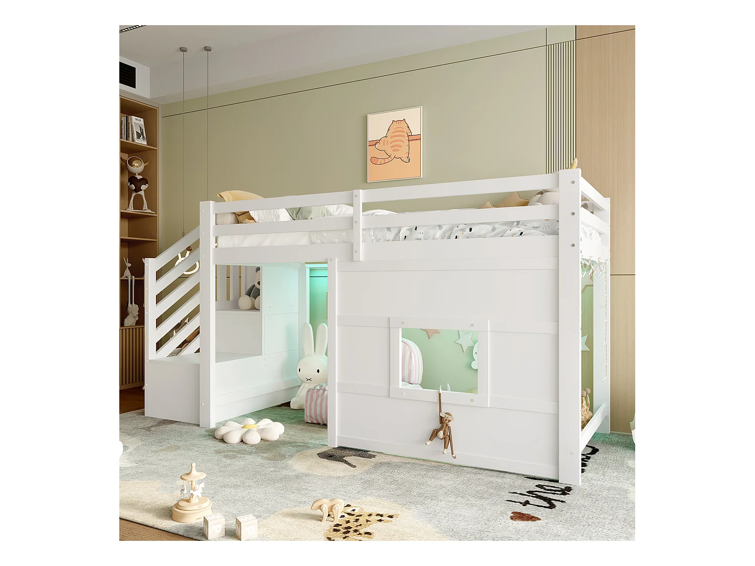 Lit mezzanine enfant 90x200 cm - avec escalier de rangement et fenêtre - blanc (sans matelas)