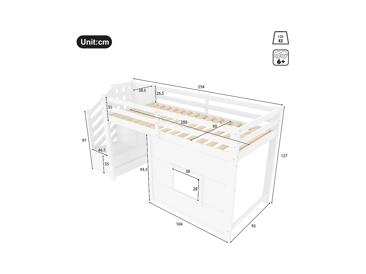 Lit mezzanine enfant 90x200 cm - avec escalier de rangement et fenêtre - blanc (sans matelas)