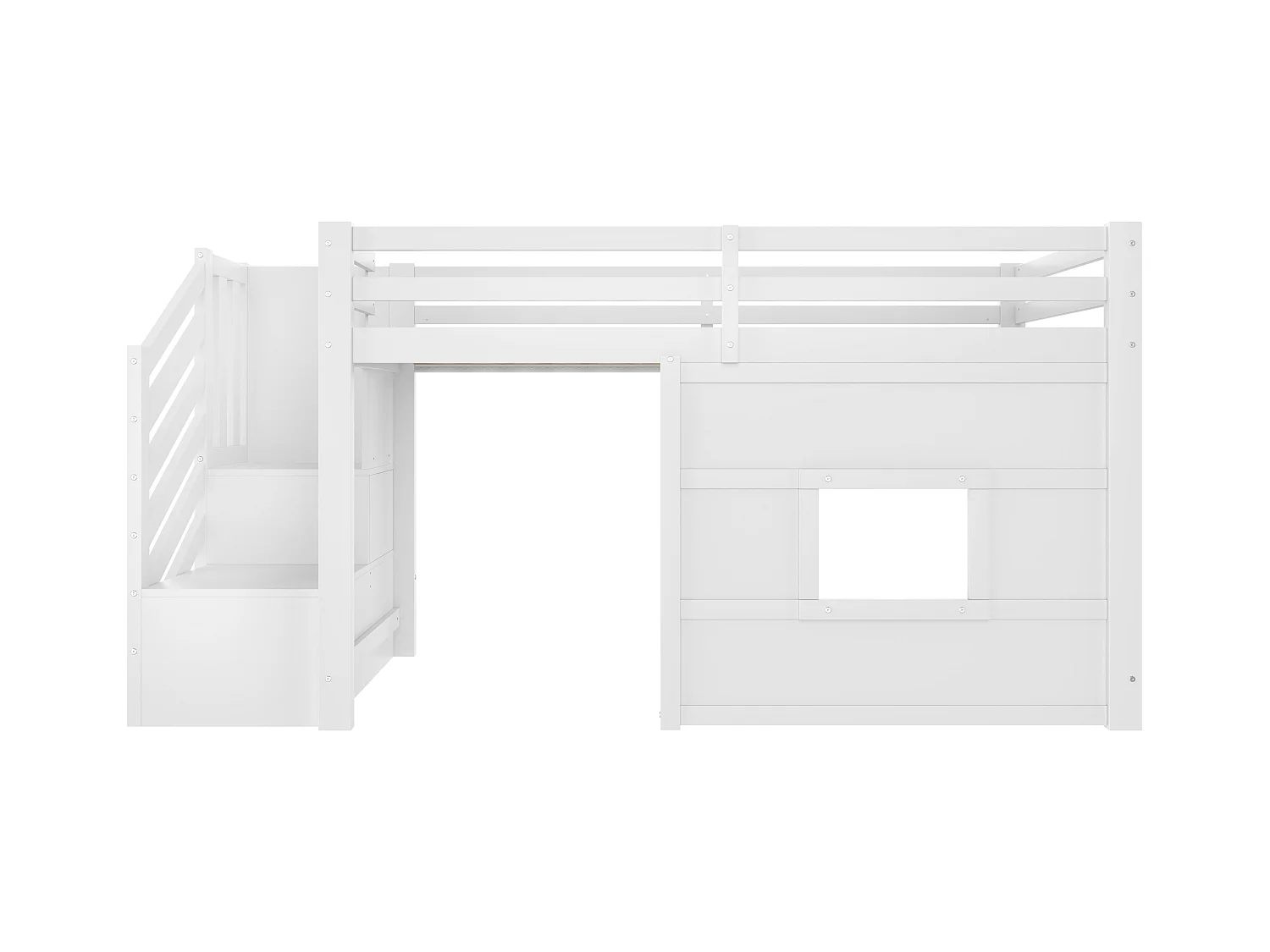 Lit mezzanine enfant 90x200 cm - avec escalier de rangement et fenêtre - blanc (sans matelas)