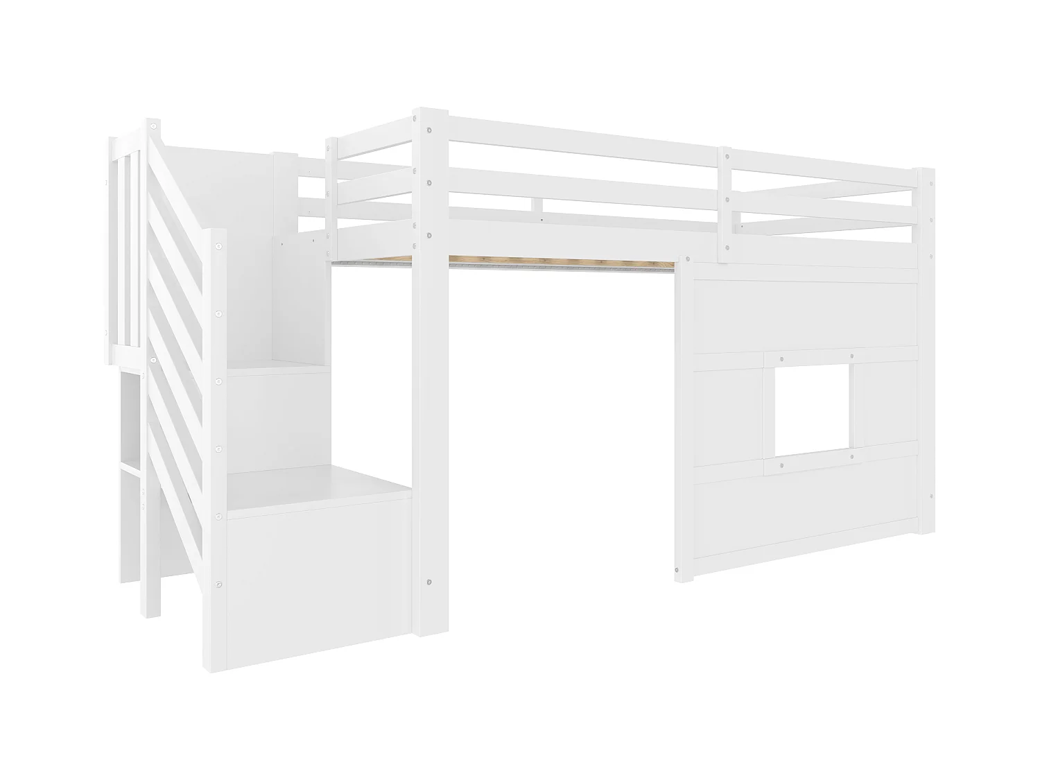 Lit mezzanine enfant 90x200 cm - avec escalier de rangement et fenêtre - blanc (sans matelas)