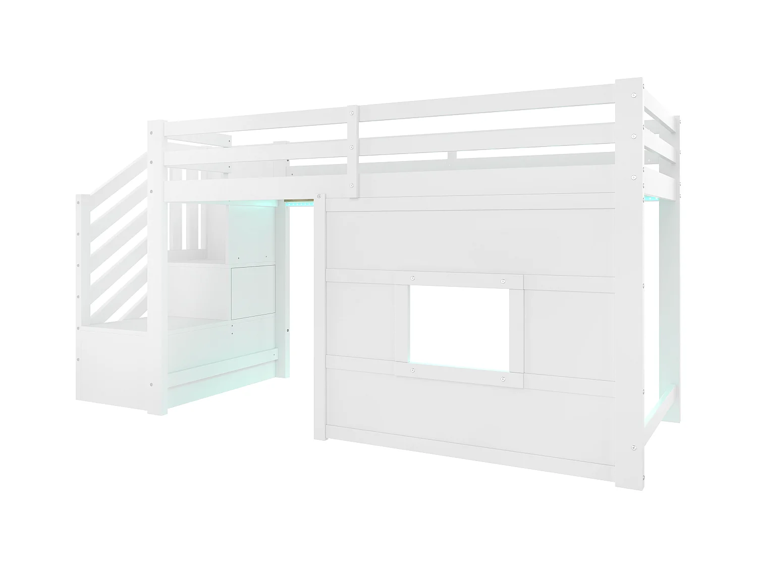 Lit mezzanine enfant 90x200 cm - avec escalier de rangement et fenêtre - blanc (sans matelas)