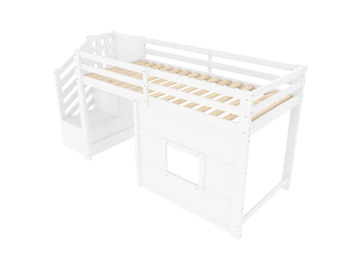 Lit mezzanine enfant 90x200 cm - avec escalier de rangement et fenêtre - blanc (sans matelas)